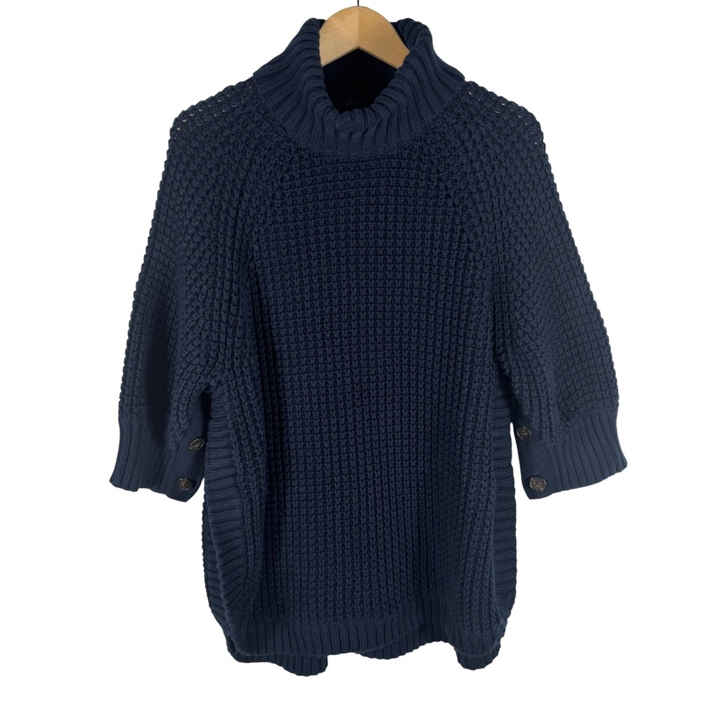 J.Crew Waffle Knit Turtleneck Poncho Womens M Bllue Sweater Elbow Sleeve